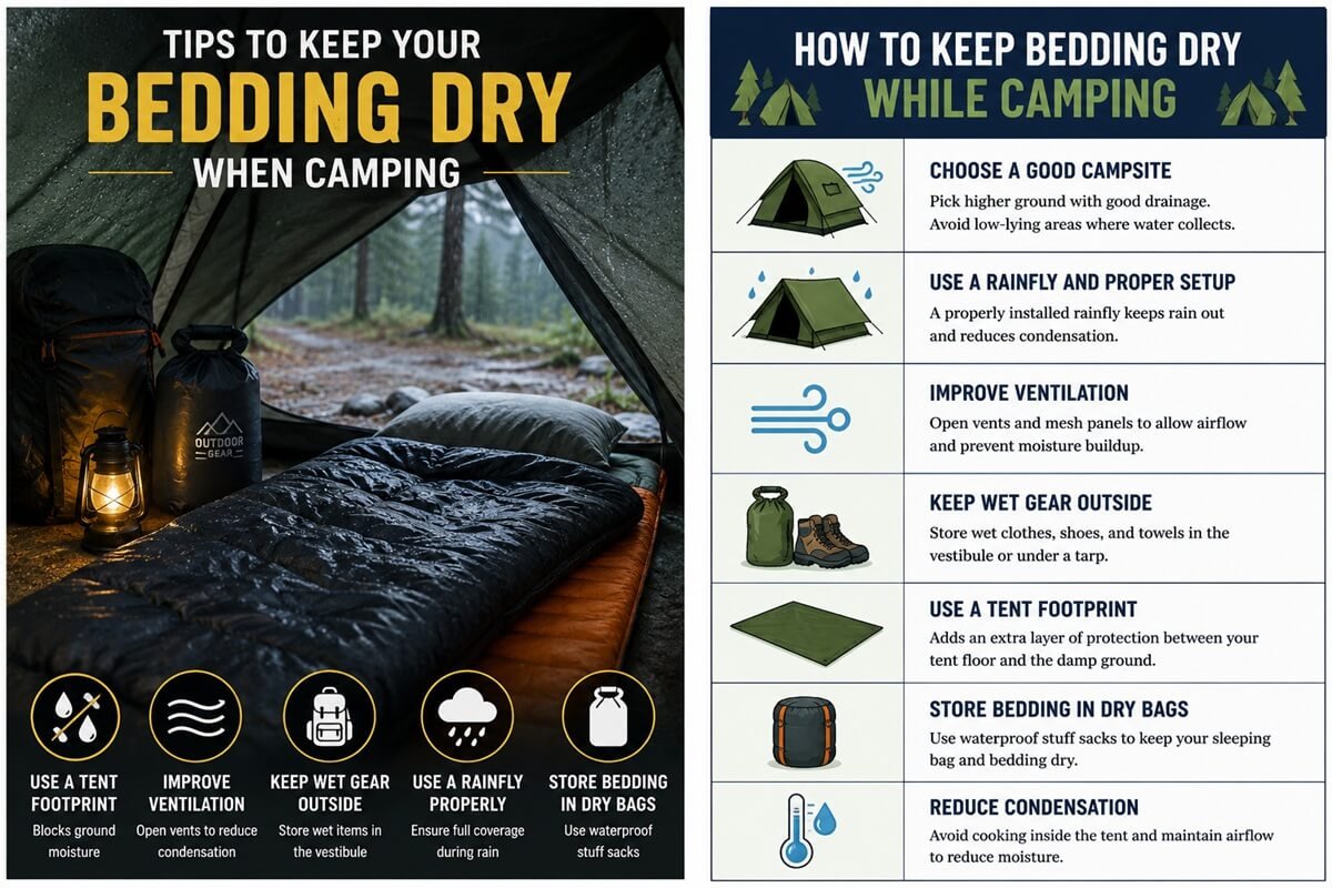 Wet sleeping bag inside a tent during rainy weather demonstrating how to keep bedding dry while camping using proper shelter setup and moisture protection techniques.
