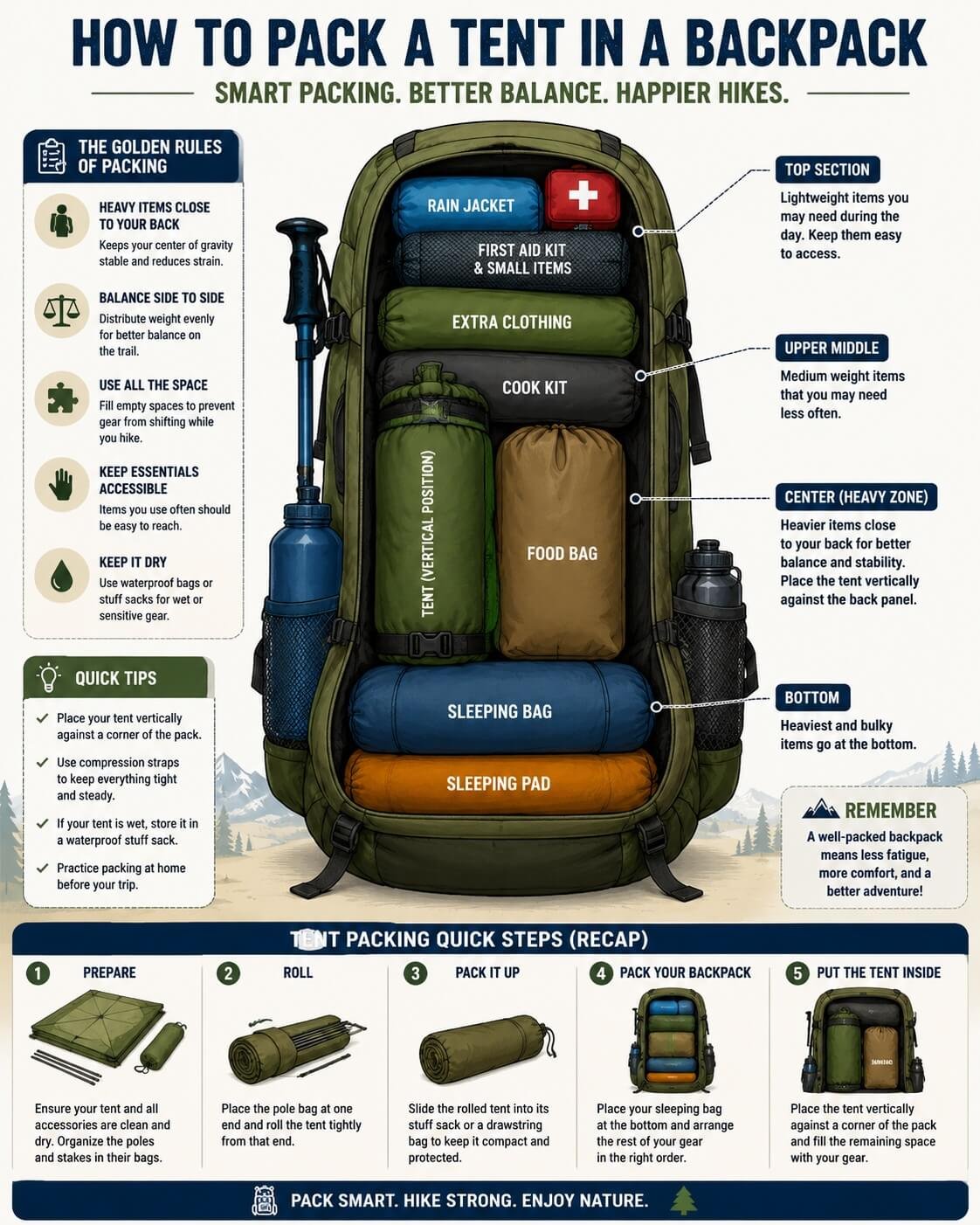 How to pack a tent in a backpack infographic showing the correct gear layout, weight distribution, and backpack organization for hiking.