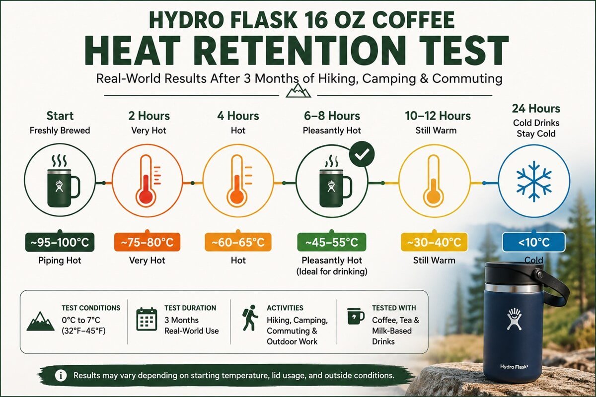 Hydro Flask 16 oz Coffee heat retention timeline based on three months of hiking, camping, and commuting tests.