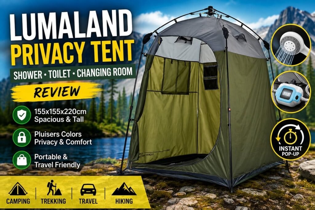 LUMALAND privacy tent review showing an instant pop-up shower, toilet, and changing room for camping, trekking, travel, and hiking.
