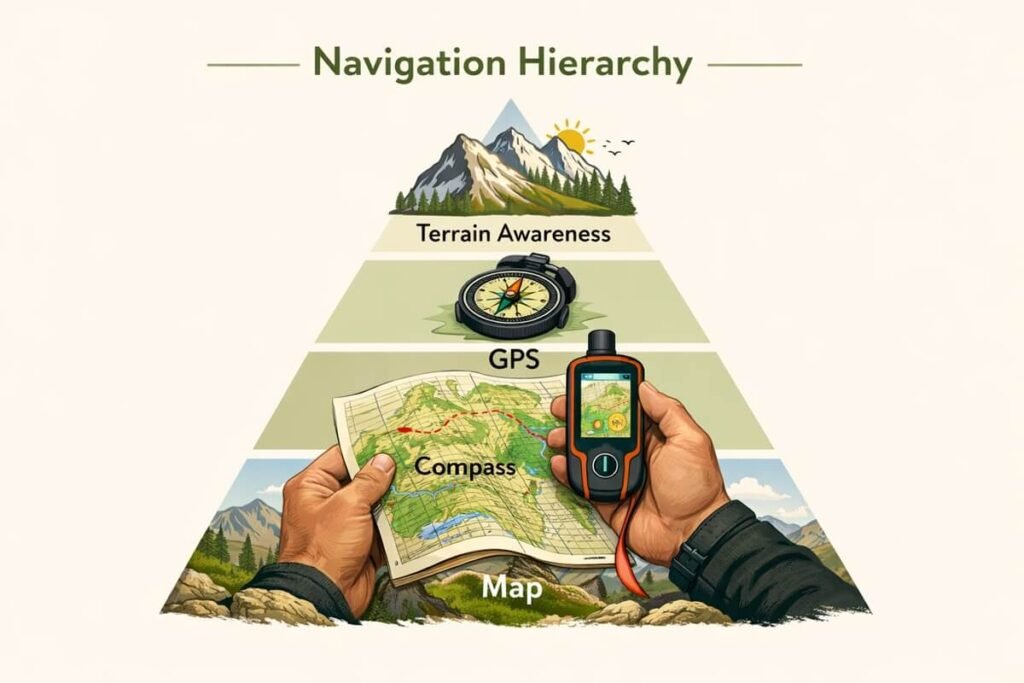 Infographic illustrating the core navigation skills for advanced hiking.
