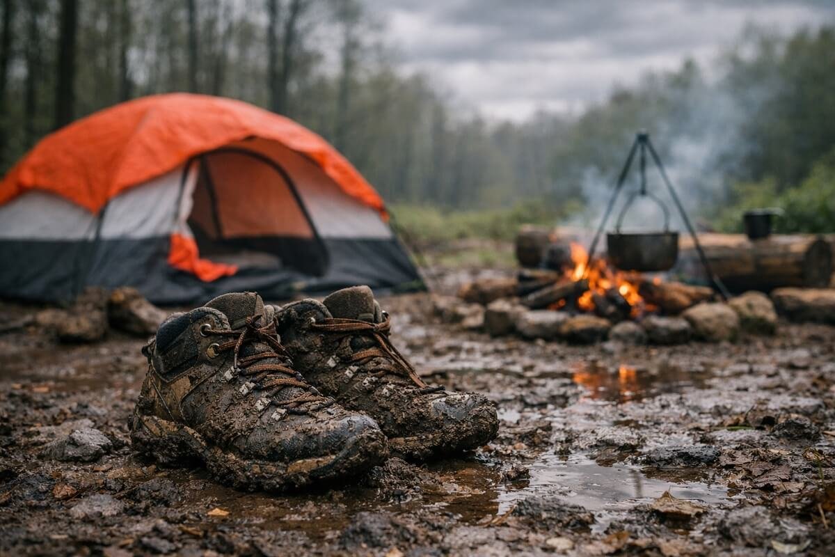 Muddy campsite conditions during spring camping 