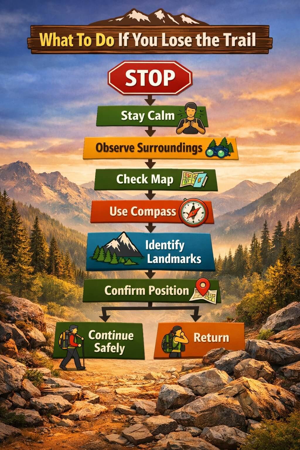 Navigation decision flowchart showing what to do if you lose the trail in the wilderness
