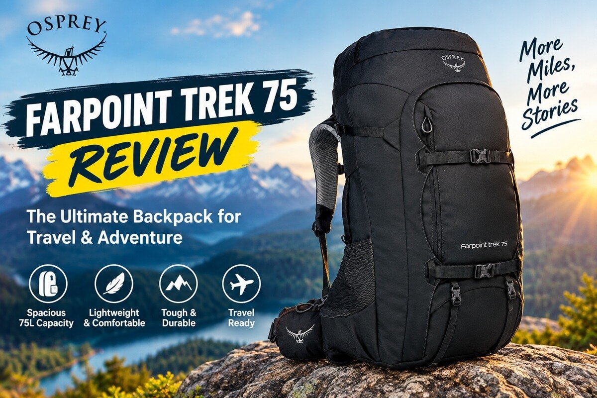 Osprey Farpoint Trek 75 backpack review featuring a 75L travel and hiking pack against a scenic mountain landscape