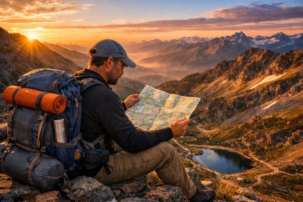 Experienced hiker planning a hiking route using a topographic map.
