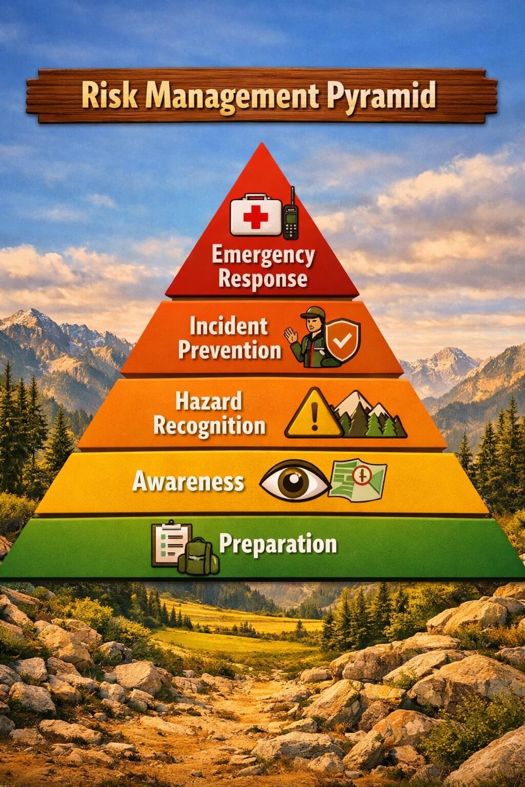 Wilderness risk management pyramid showing preparation, awareness, hazard recognition, prevention, and emergency response

