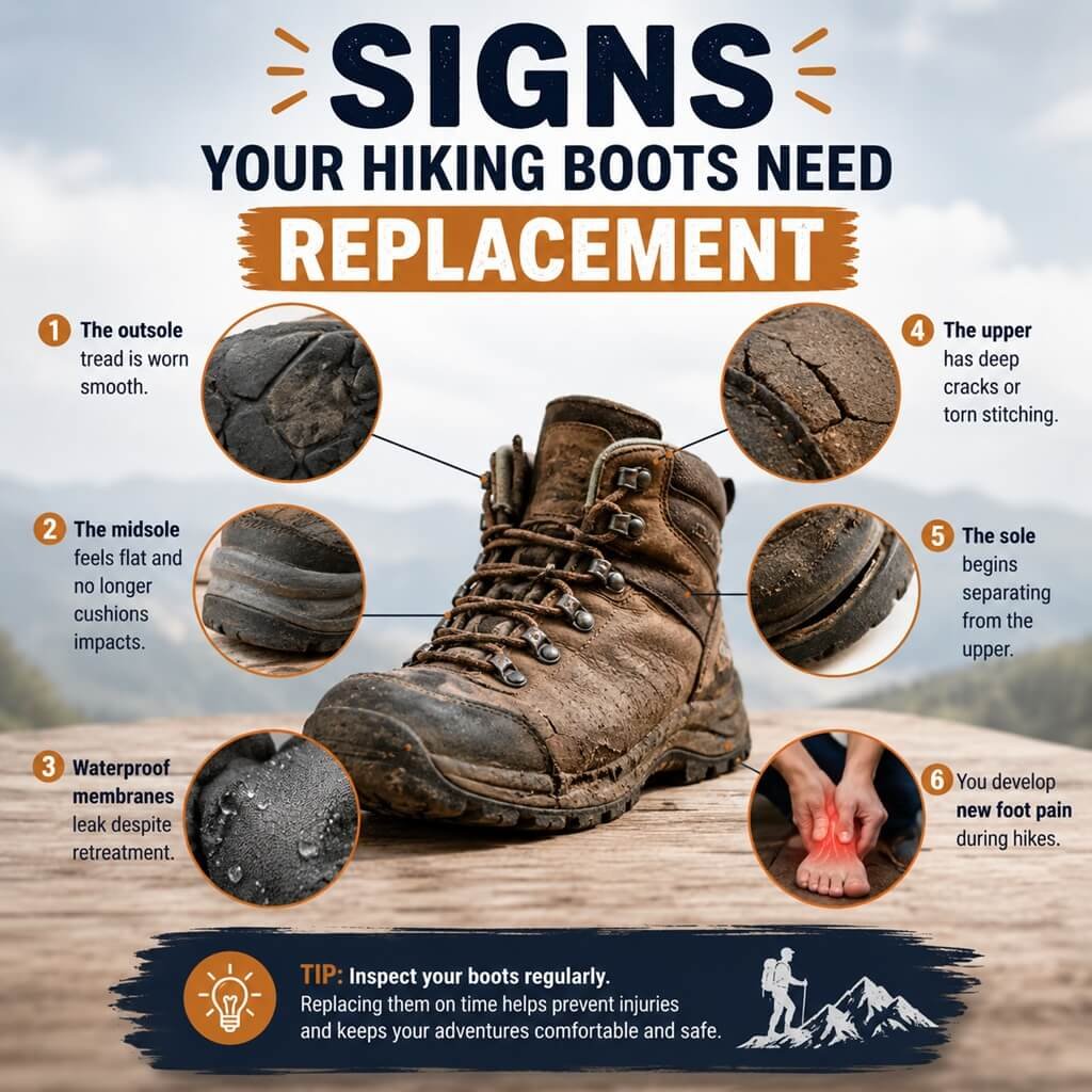 Infographic showing six signs your hiking boots need replacement, including worn tread, compressed midsoles, leaking waterproof membranes, cracked uppers, sole separation, and foot pain while hiking.