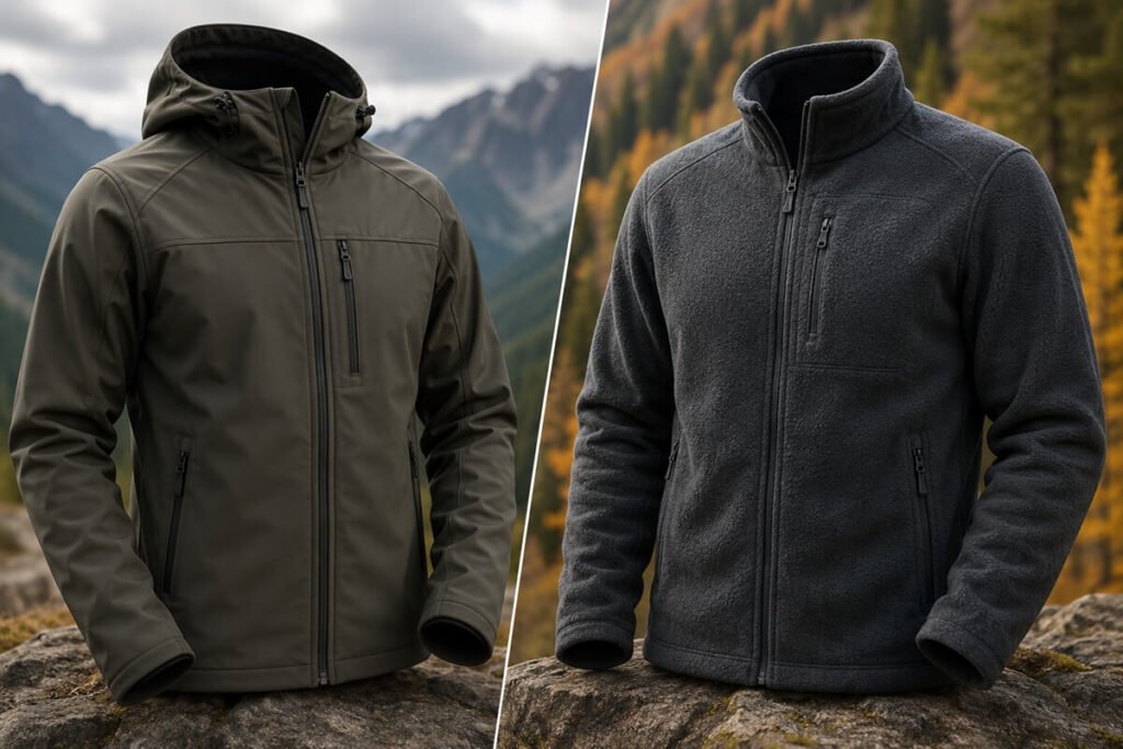 Softshell jacket vs fleece jacket side by side outdoors.
