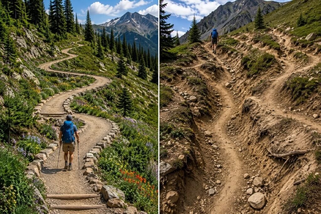Comparison of a healthy hiking trail and an eroded trail.

