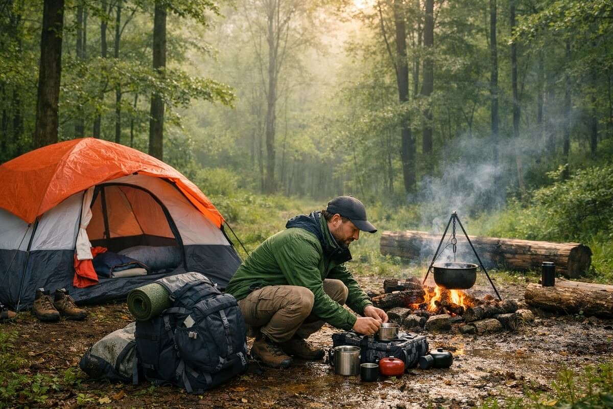 Spring camping setup with tent and gear in wet forest