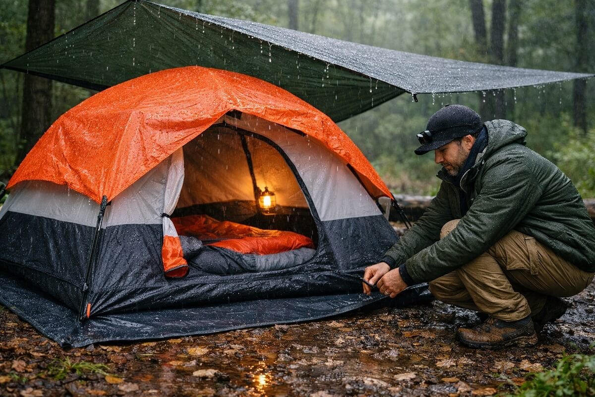 Tent setup with groundsheet in wet conditions 