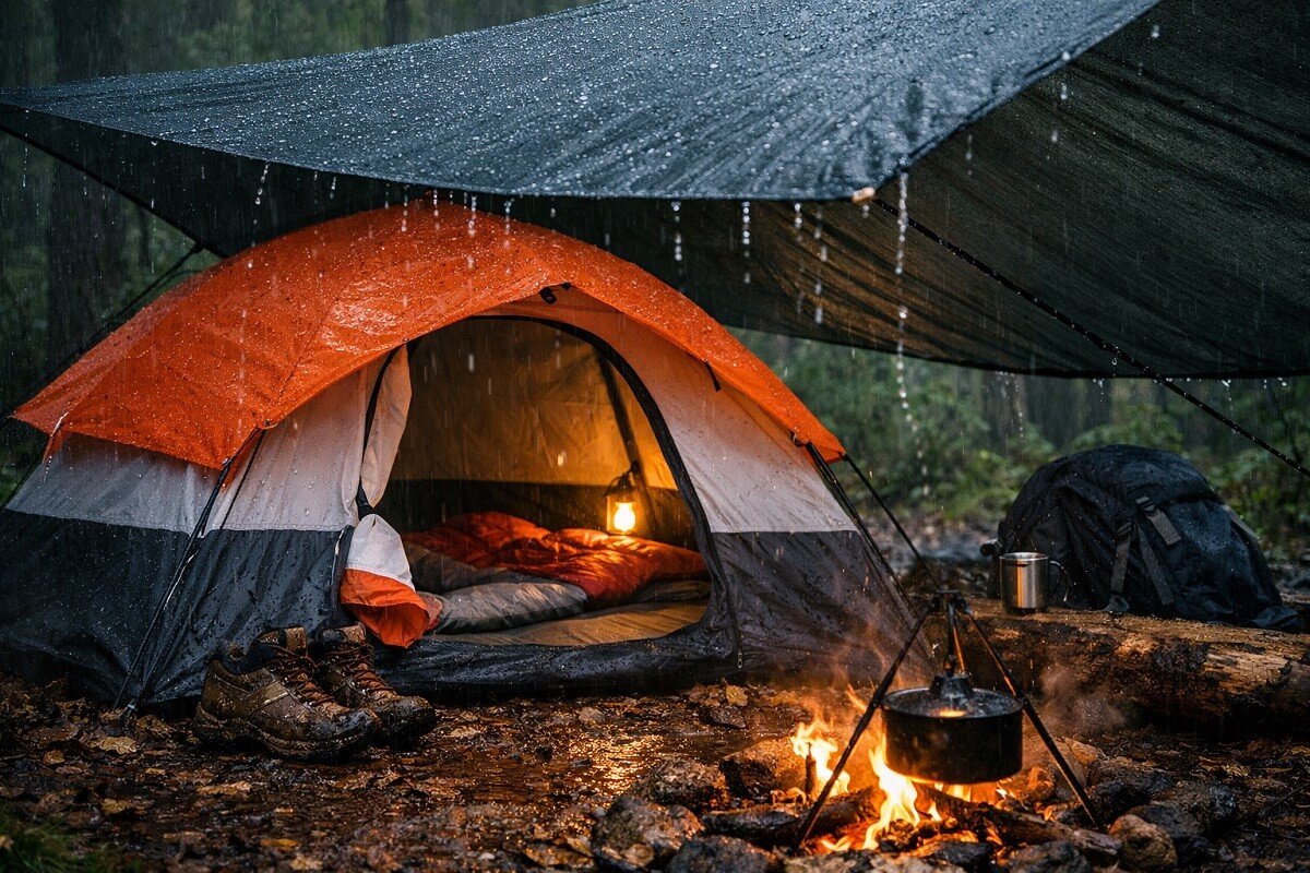 Rainproof tent setup for spring camping 