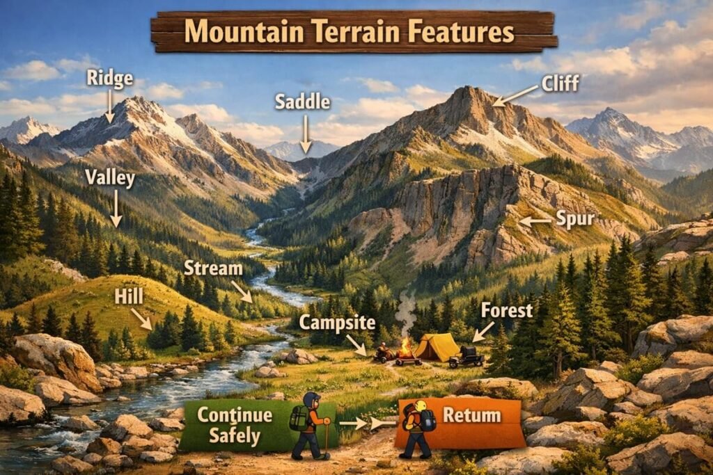 Illustration of common mountain terrain features including ridges, valleys, saddles, streams, and cliffs