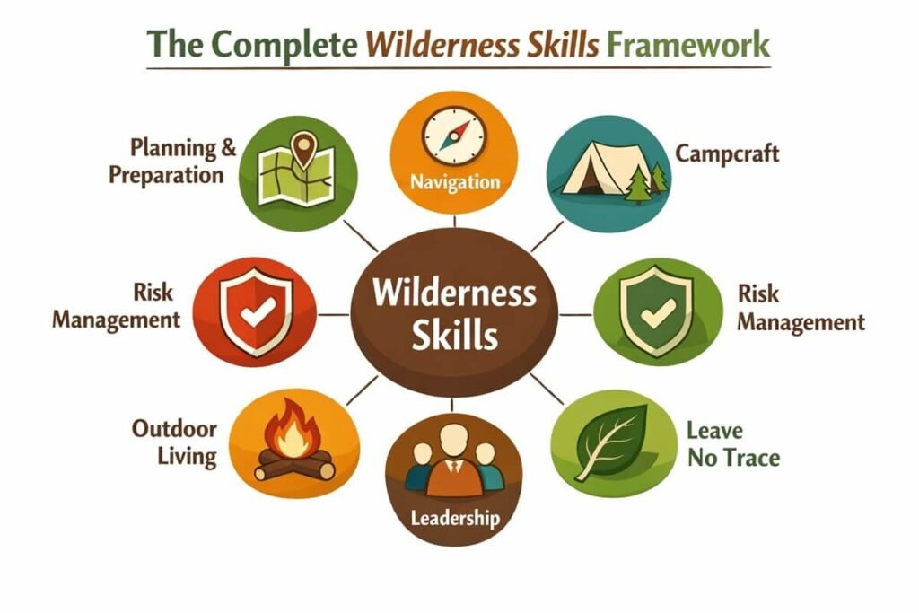 Infographic showing the core wilderness skills including planning, navigation, campcraft, survival, leadership, and Leave No Trace