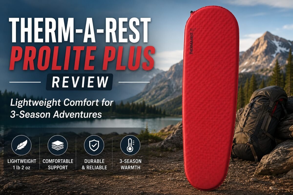 Therm-A-Rest ProLite Plus self-inflating sleeping pad review featuring the lightweight 3-season backpacking sleeping pad in a mountain camping landscape.