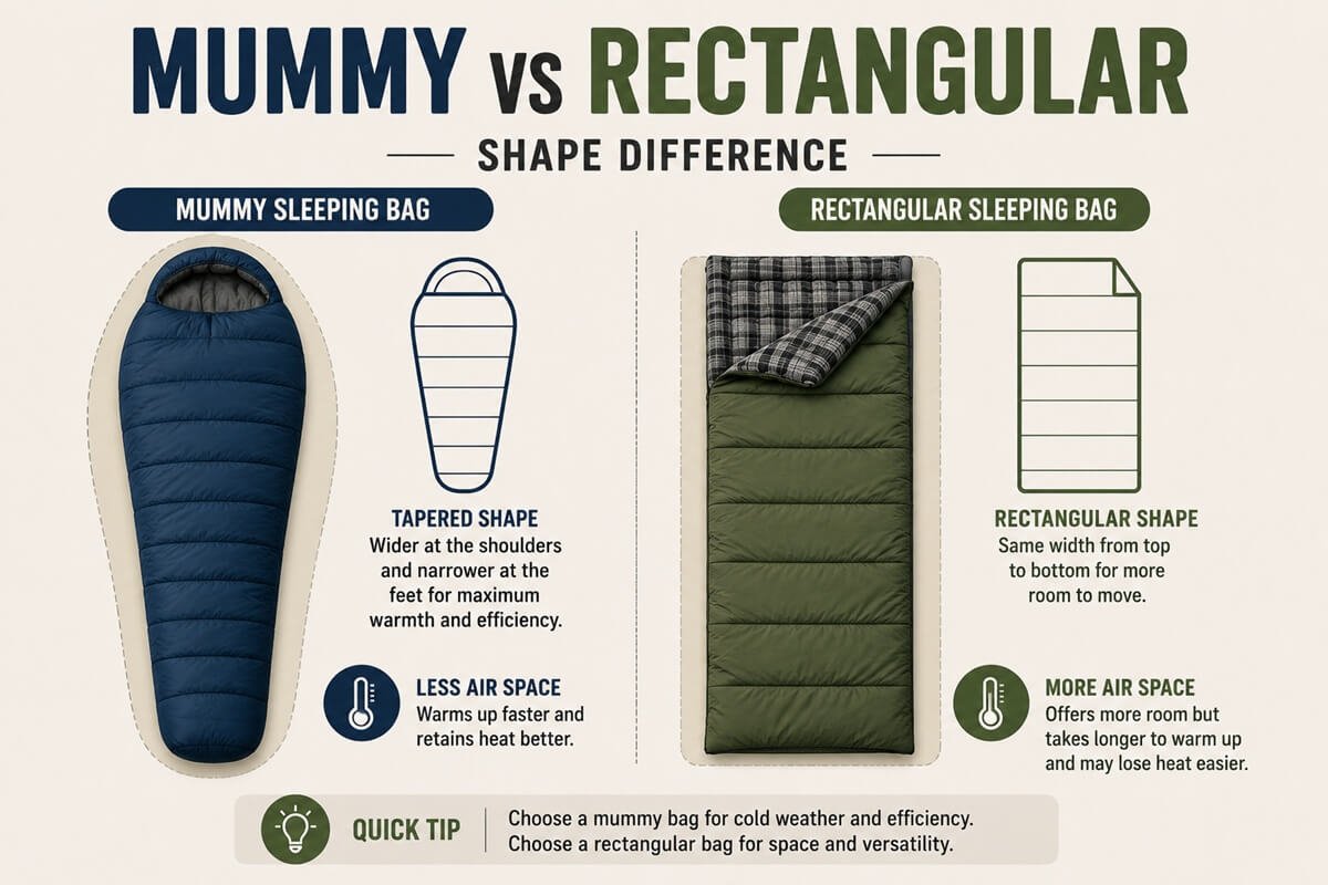 Shape comparison between mummy and rectangular sleeping bags