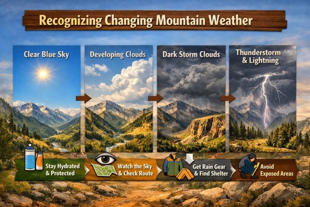 Mountain weather progression showing clear skies, developing clouds, storms, and thunderstorm conditions