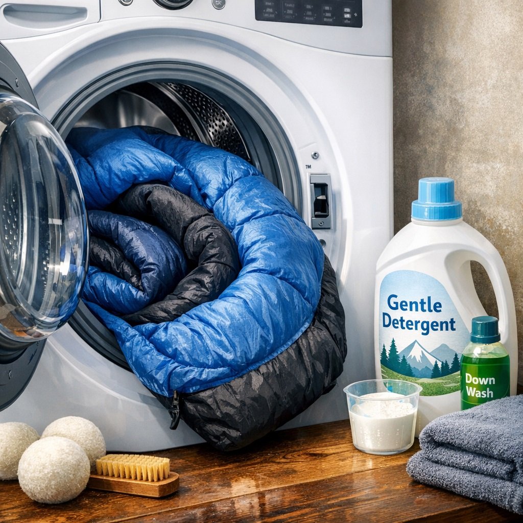 Front-loading washing machine used for cleaning sleeping bag safely.