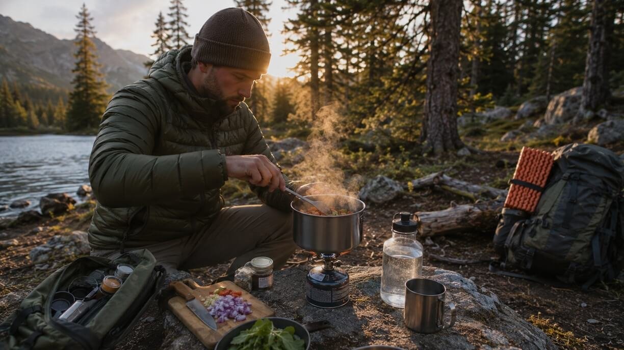 Experienced camper preparing an efficient one-pot meal at an organized campsite
