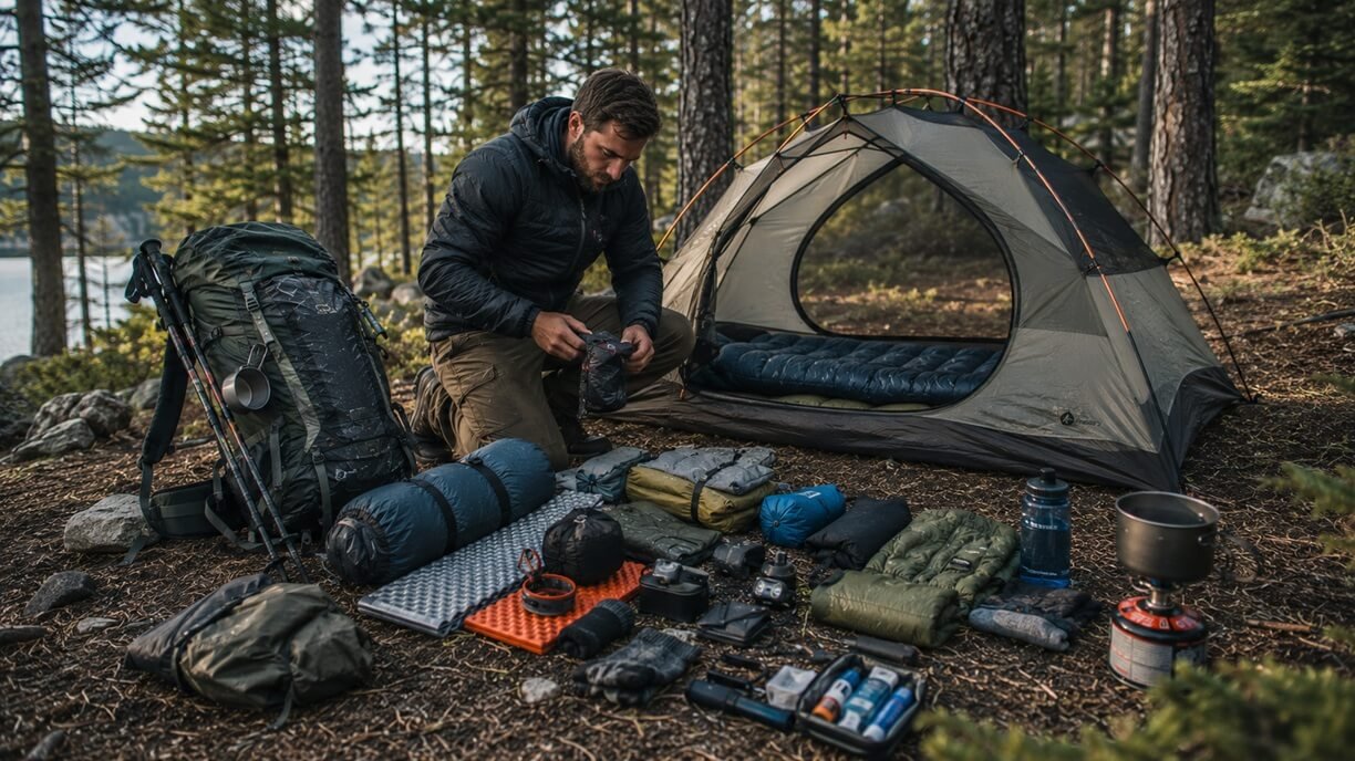 Experienced camper reviewing organized camping equipment beside a tent