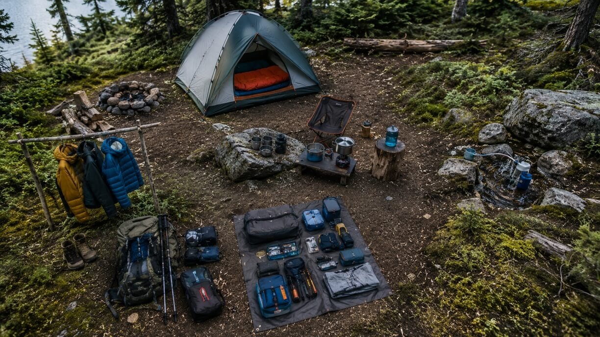 Organized campsite showing advanced camping equipment and functional camp zones