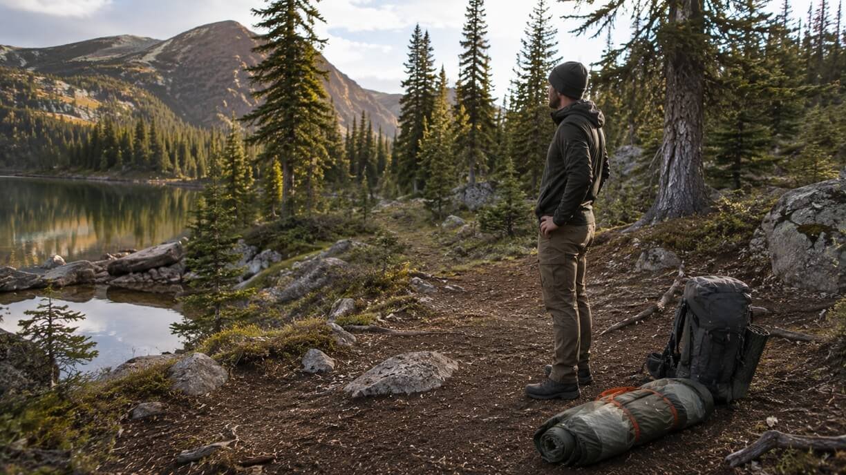 Camper evaluating drainage wind exposure and terrain before choosing a campsite