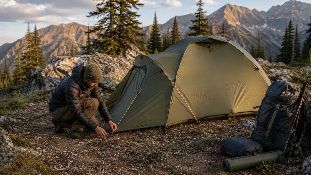 Camper correctly tensioning tent guylines for stable weather protection