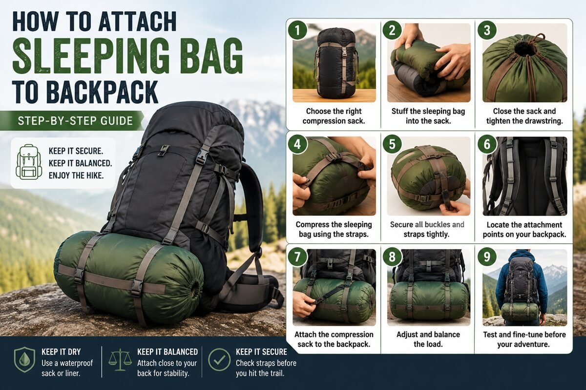 How to attach a sleeping bag to a backpack step by step