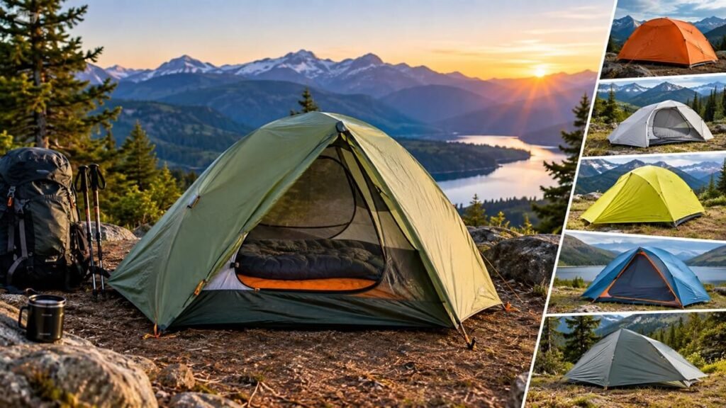 A lightweight one-person tent set up beside a mountain lake at sunset, with a hiking backpack and trekking poles nearby and several colorful solo tents shown in a side montage.