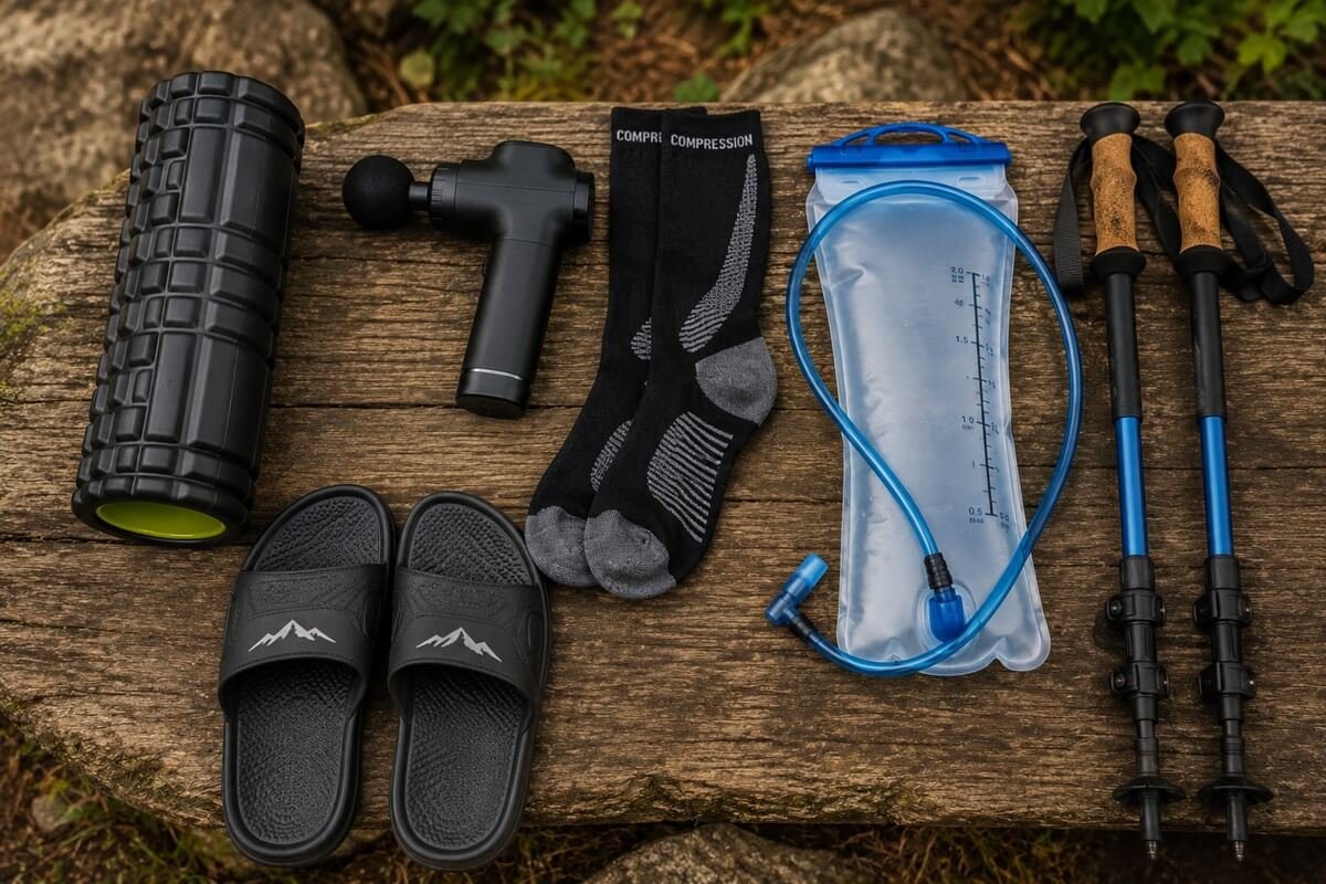 Essential recovery gear for hikers including foam roller, massage gun, compression socks, and trekking poles