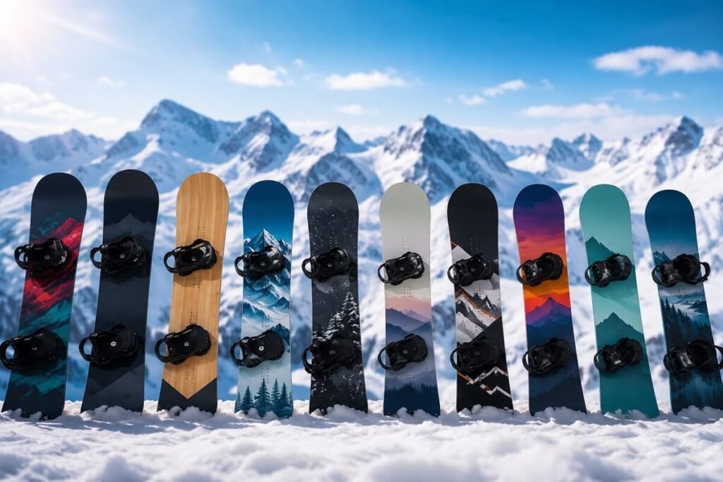 A lineup of beginner-friendly snowboards with bindings standing in fresh snow against a scenic mountain backdrop, showcasing a variety of all-mountain snowboard designs for new riders.