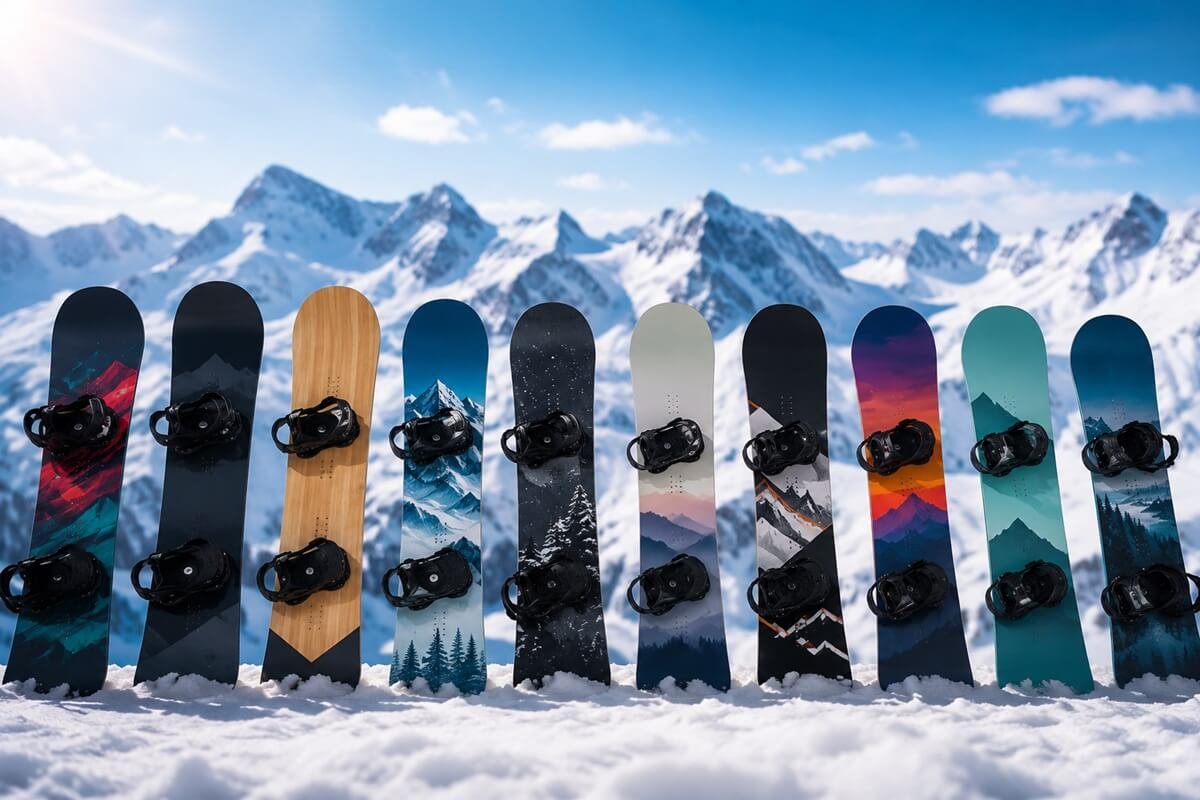 A lineup of beginner-friendly snowboards with bindings standing in fresh snow against a scenic mountain backdrop, showcasing a variety of all-mountain snowboard designs for new riders.