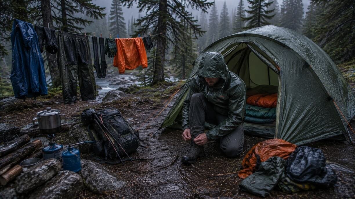 Camper drying wet clothing while keeping sleeping equipment protected from moisture