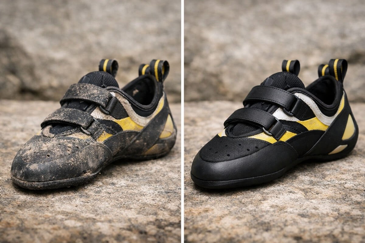 Comparison of dirty and freshly cleaned climbing shoes after following the recommended cleaning process.