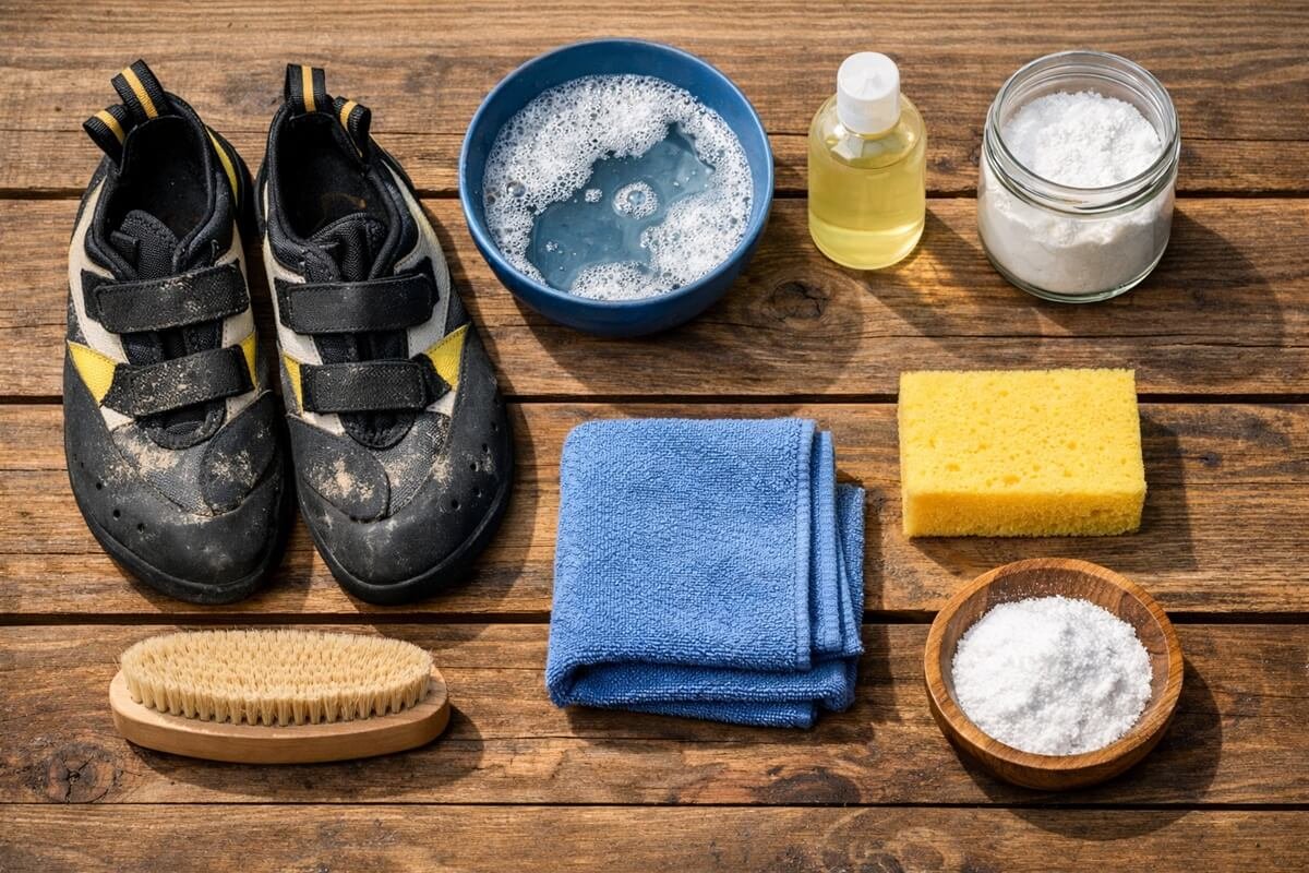 Cleaning supplies used to safely clean climbing shoes, including a soft brush, sponge, mild soap, and baking soda.