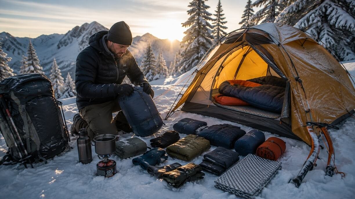 Experienced camper managing a warm dry campsite in cold mountain conditions