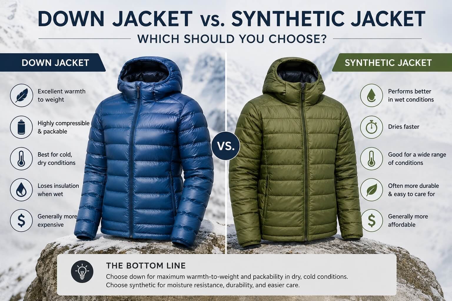 Down jacket vs synthetic jacket comparison showing warmth, packability, weather resistance, and drying performance