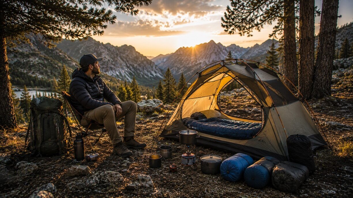 Advanced Camping Skills: Experienced camper relaxing beside a well-organized campsite after completing camp setup
