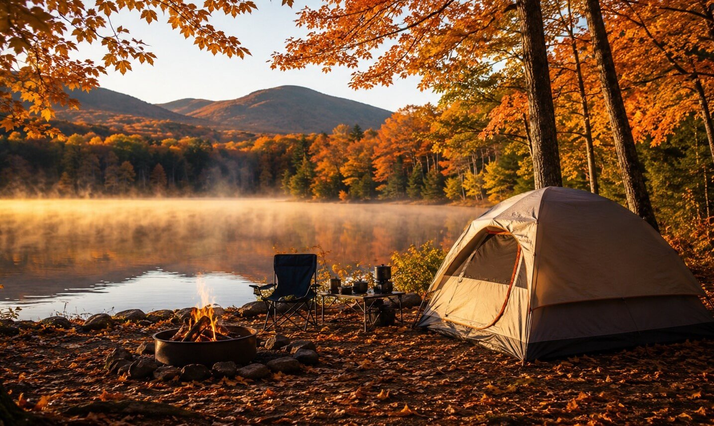 Lakeside fall camping scene with a tent, campfire, and colorful autumn trees