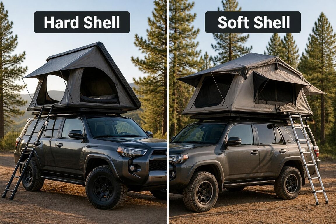 Hard-shell and soft-shell rooftop tents mounted on vehicles for a design comparison.