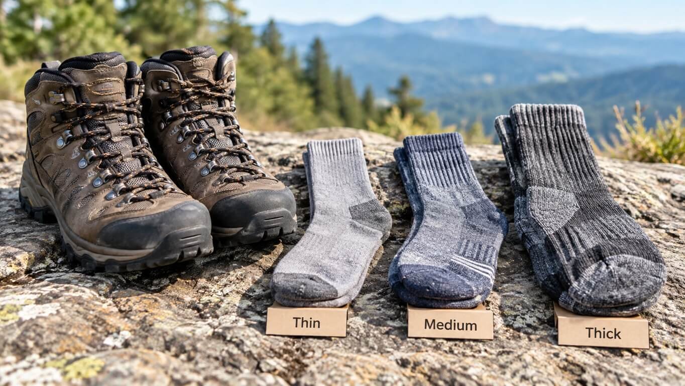 Thin, medium, and thick hiking socks for choosing the right boot fit