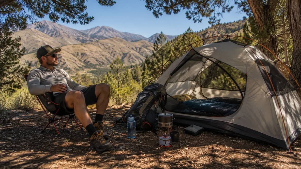 Camper using shade and ventilation to stay comfortable during hot-weather camping