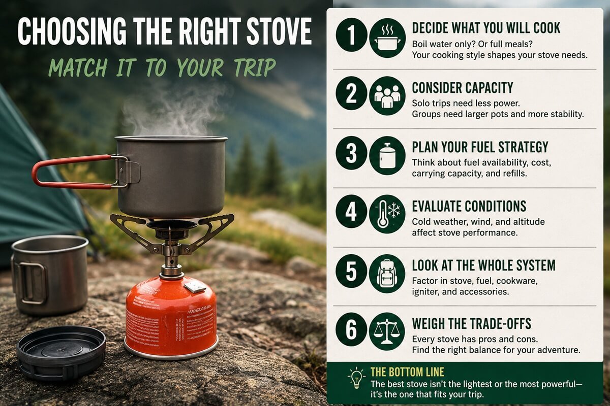 How to choose a backpacking stove based on cooking needs, fuel, weather, capacity, and overall pack weight