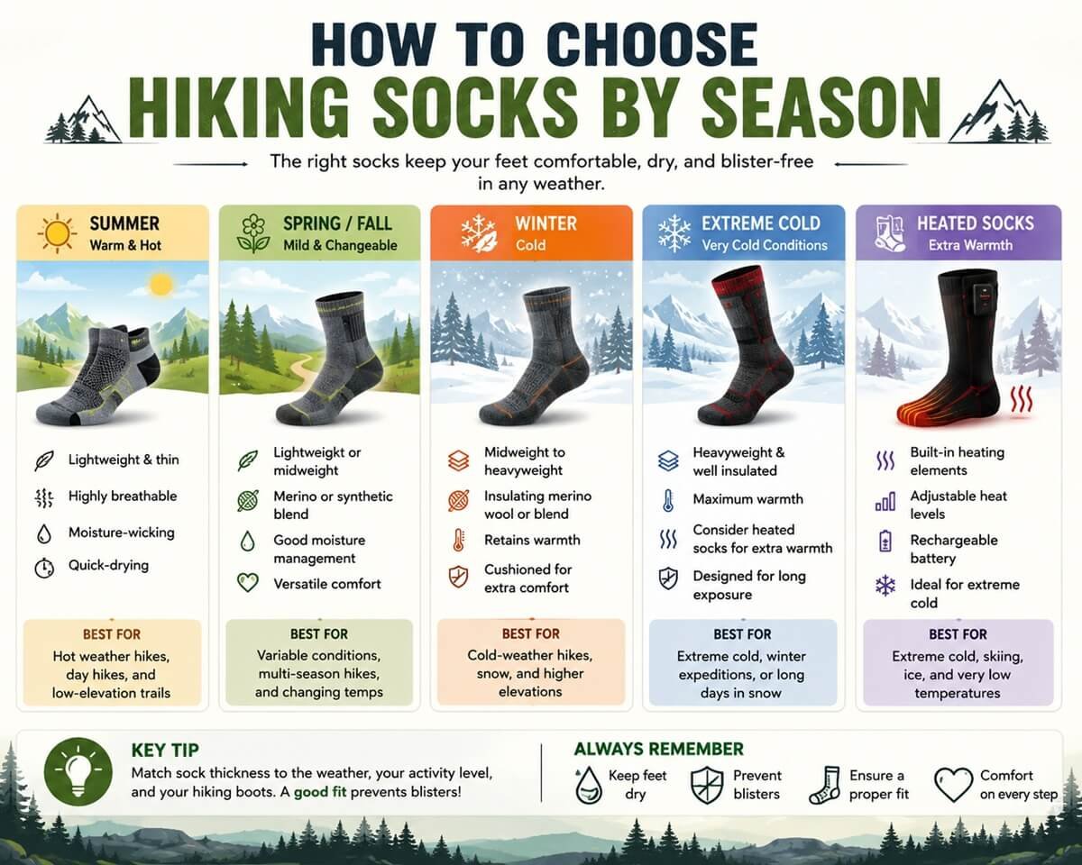 Infographic showing how to choose hiking socks by season, including summer, spring and fall, winter, extreme cold, and heated socks