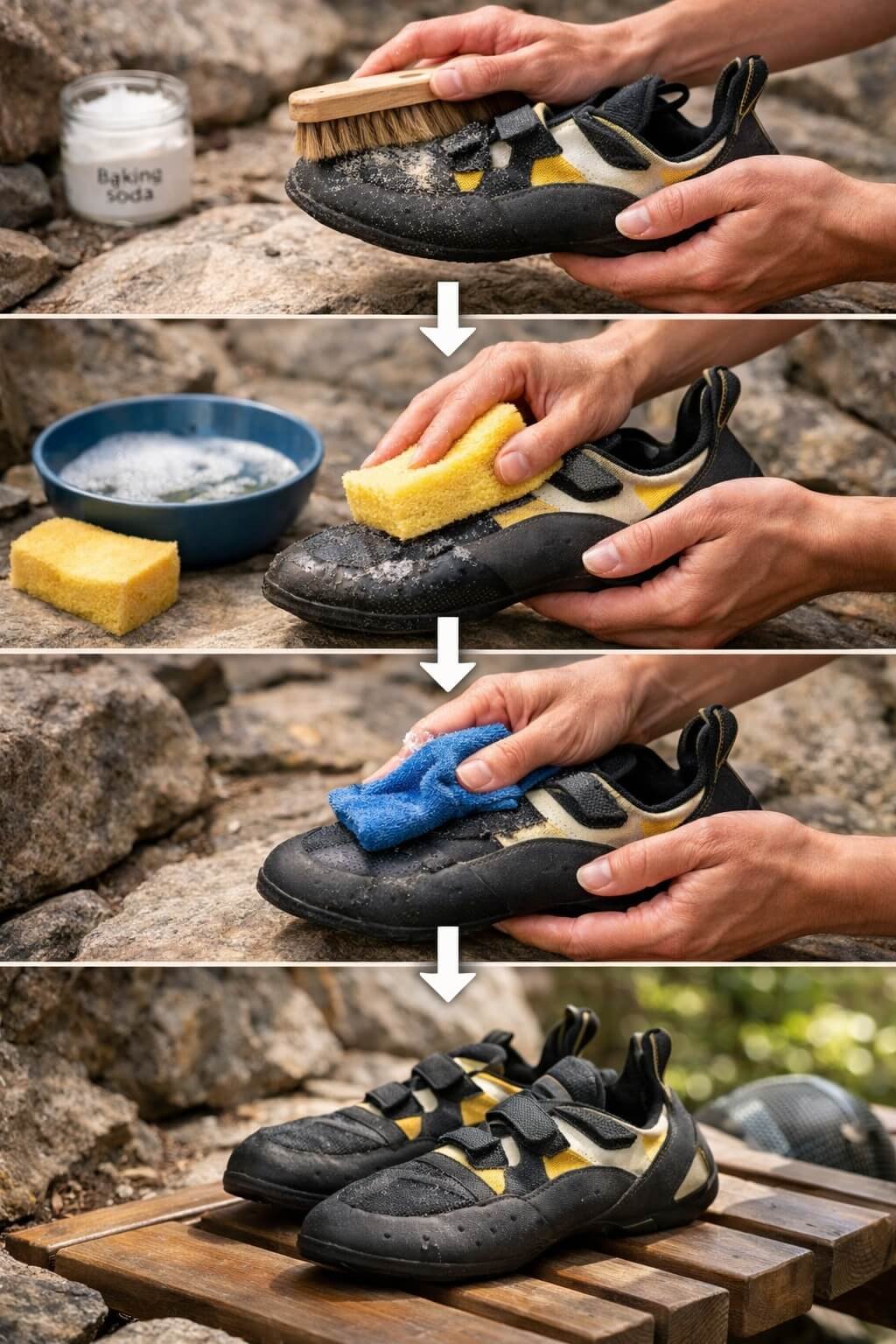 Step-by-step infographic showing how to clean climbing shoes safely without damaging the rubber.