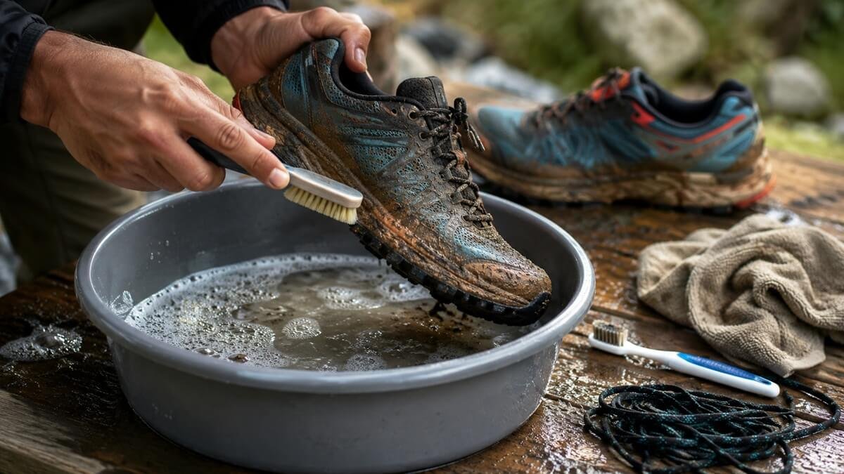Person cleaning muddy trail running shoes with a soft brush in soapy water