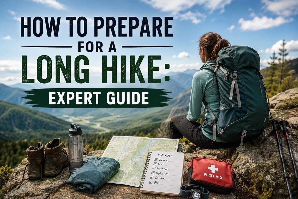 Hiker overlooking a mountain landscape with backpack, hiking gear, map, water bottle, and checklist illustrating how to prepare for a long hike.