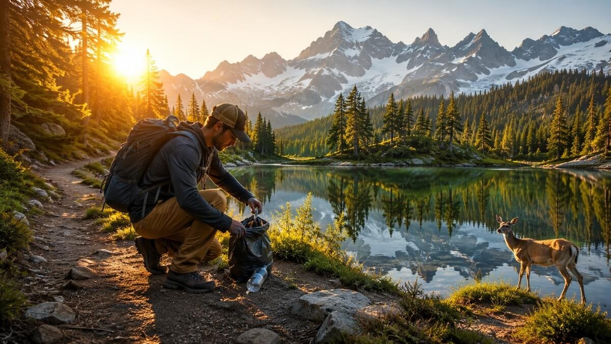 Responsible Hiker Practicing Leave No Trace Principles in the Mountains