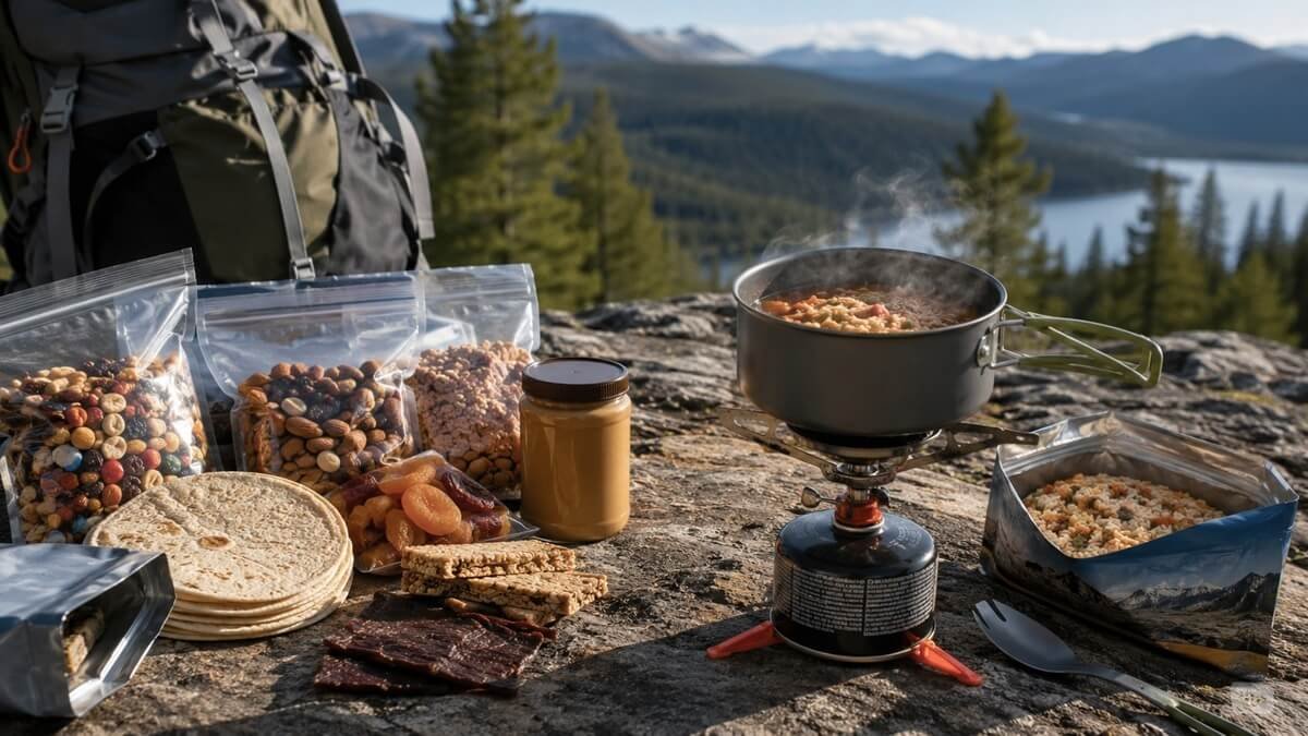 No-cook and hot backpacking meals prepared at a scenic campsite