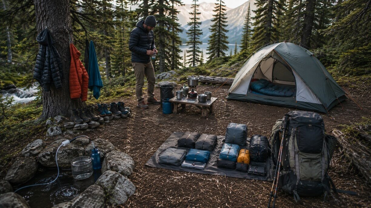 Organized campsite with separate sleeping cooking gear and wet equipment zones